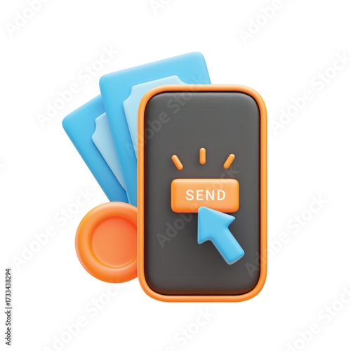 3D mobile transfer icon. Realistic mobile phone, banknotes and coin behind, Send button and cursor arrow on screen. Online transfer, payment concept. Phone loan service. Vector illustration on white