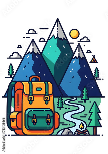 Orange backpack stands ready for mountain hiking adventure in nature.