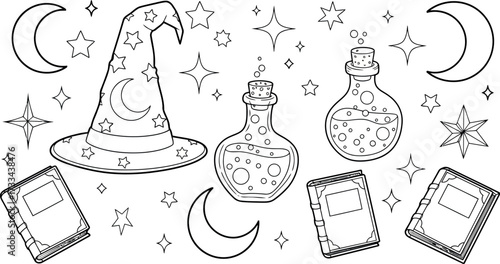 Vector art of magical wizarding elements including hat, potions, books, and moon