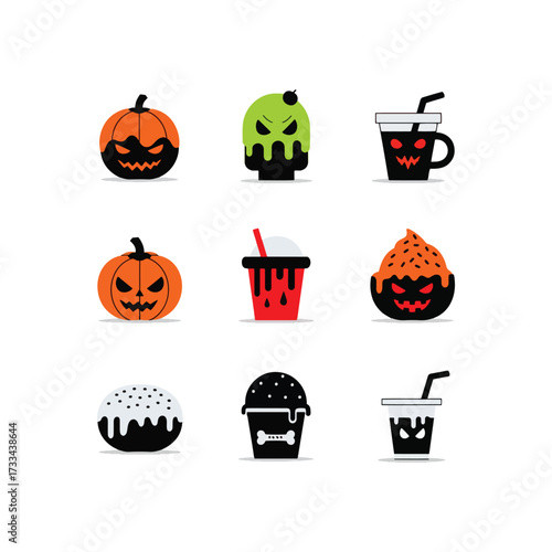 A collection of nine flat vector icons featuring spooky Halloween-themed food and drinks like jack-o'-lanterns and monster beverages.