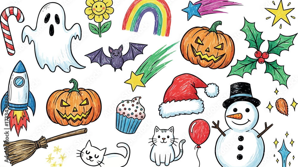 Fototapeta premium Vector art of collection of colorful handdrawn doodle icons for holidays and celebrations