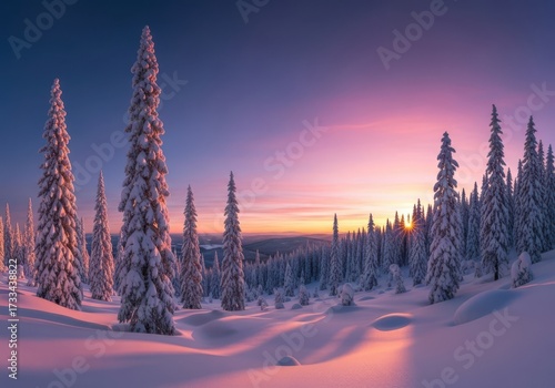 Snow covered pine trees in a forest at sunset with pink and purple sky