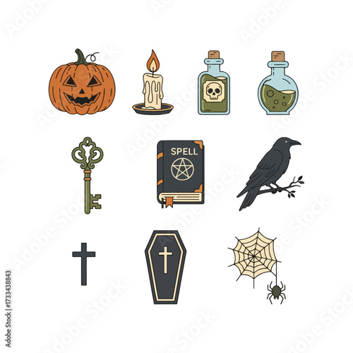 Collection of Halloween-themed illustrations featuring a carved pumpkin, potions, a key, a spellbook, and other spooky elements.