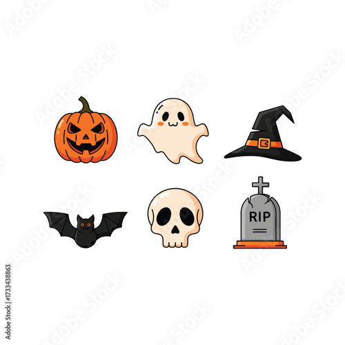 Halloween themed cartoon icons: pumpkin, ghost, hat, bat, skull, tombstone.