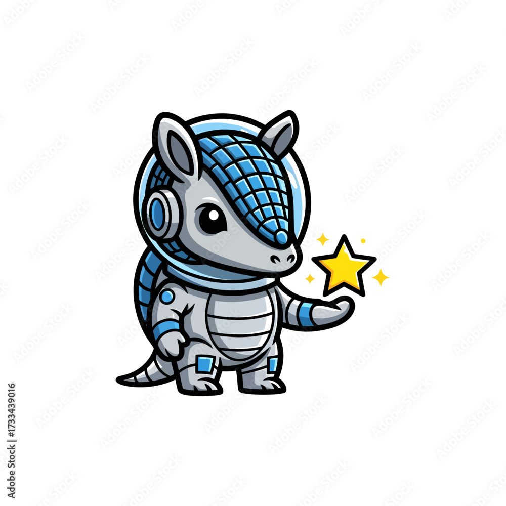Fototapeta premium Armadillo in Tiny Space Suit Holding Glowing Star – Futuristic Cartoon Mascot Logo with Bold Outlines, White Background