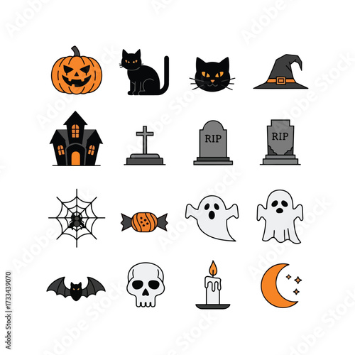 A collection of sixteen colorful Halloween-themed icons including a pumpkin, cat, ghost, and skull.