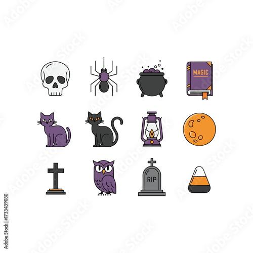 A collection of twelve Halloween-themed icons including a skull, spider, cauldron, magic book, cats, lantern, moon, tombstone, owl, and candy corn.
