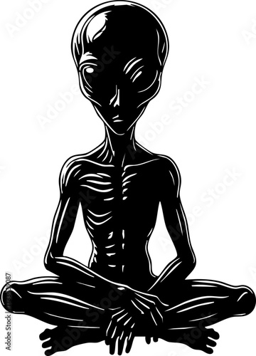 Mysterious alien entity in meditative pose, exuding cosmic wisdom and otherworldly presence for science fiction and paranormal themes.