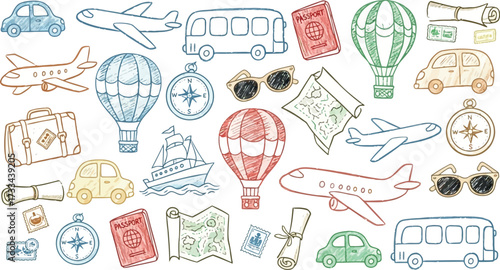 Vector art of travel and transportation doodles, including airplanes, cars, and hot air balloons
