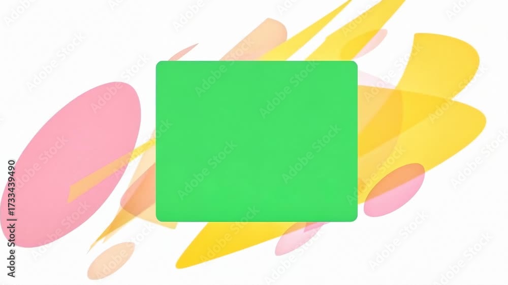 Dynamic backdrop with a green screen and animated pink and yellow geometric shapes floating