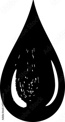 Striking black silhouette of a water drop with dynamic internal texture, representing purity and flow for modern design concepts.