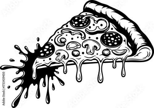 Indulge in a delicious, dripping slice of pepperoni and mushroom pizza, a mouthwatering visual treat for food lovers and restaurants.