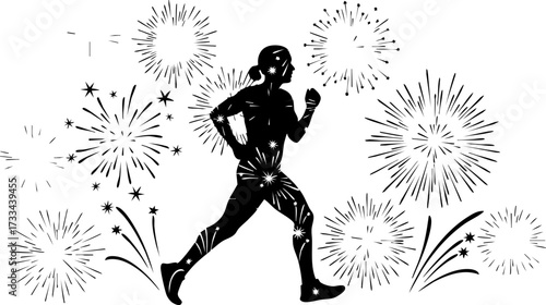 Dynamic runner silhouette celebrates victory amidst vibrant celebratory fireworks bursting with energy and achievement