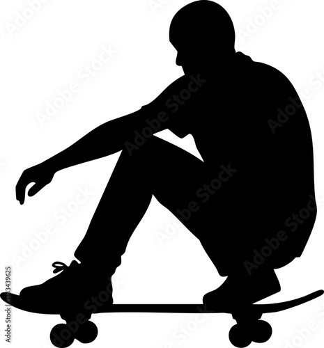 Dynamic silhouette of a young skateboarder in a relaxed pose, embodying urban youth culture, freedom, and active lifestyle pursuits.
