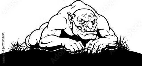 Menacing orc monster crouched low in dark terrain, ready to strike with primal fury and intimidating presence for fantasy game art or horror themes