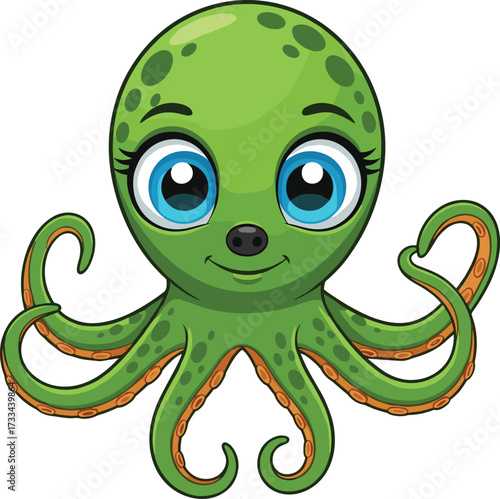 Cartoon green octopus character, cute sea animal with big eyes, orange suction cups, children’s content, marine illustration, vector drawing