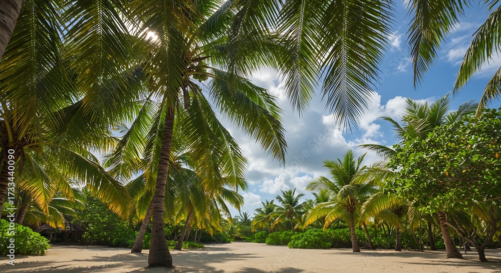 Obraz premium Lush green palm trees against a bright blue sky and clouds nature scene