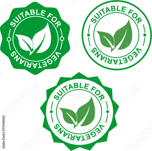 A collection of three green 'Suitable for Vegetarians' badges with leaf icons, presented in circular and starburst shapes.