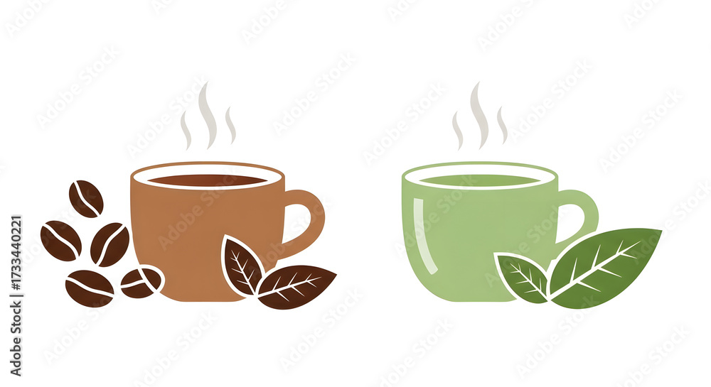 Obraz premium Steaming cups of coffee and green tea side by side illustration.