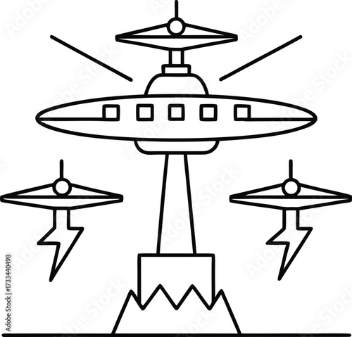 Line art aerial design of futuristic AI controller illustration on transparent background
