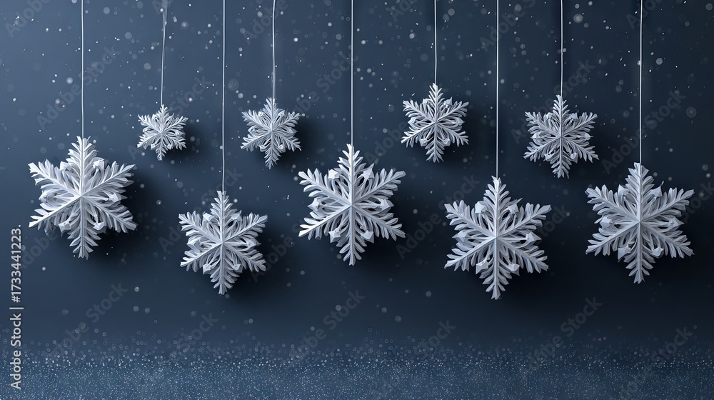 White paper snowflakes hanging against a dark blue background, minimalist winter holiday decoration with copy space for Christmas cards invitations packaging and social media design