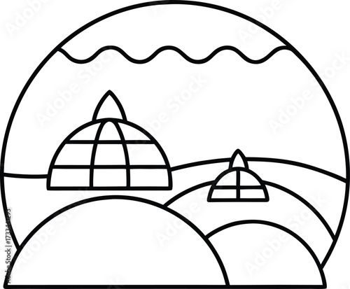 Line art aerial sketch of concentric eco domes illustration on transparent background