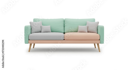 A modern two-seater sofa with a split color design, featuring pastel mint green back cushions and a grey and peach seat.
