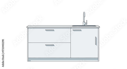 White kitchen cabinet unit with two drawers, a sink, and a faucet, on a plain background, illustrating modern home utility.