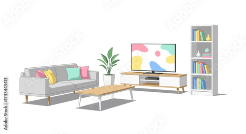 A modern living room setup featuring a gray sofa, coffee table, entertainment center with a TV, and a bookshelf.