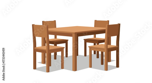 Wooden table with four chairs arranged around it, simple furniture.