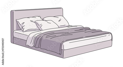 Illustration of a modern double bed with a headboard, pillows, and a duvet, isolated on a white background.