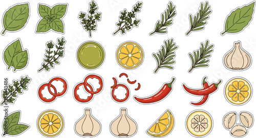 Collection of Fresh Herbs, Spices, and Citrus Fruits for Culinary Use and Flavoring