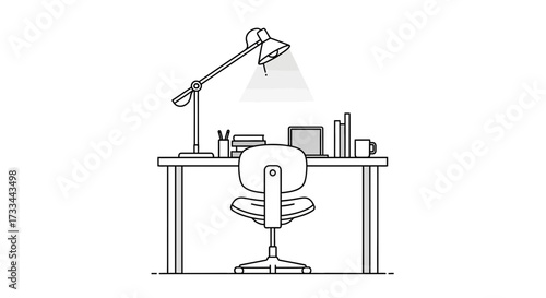 Line drawing of a desk with a lamp, chair, and various office supplies.