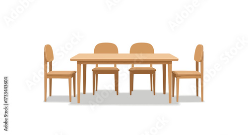 Simple wooden dining table with four matching chairs, isolated on a white background, minimalist furniture illustration.