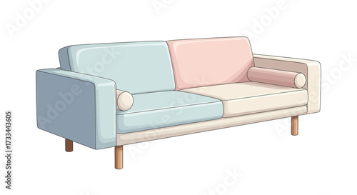 A colorful, modern sofa with two-tone cushions and cylindrical armrests, on a white background.