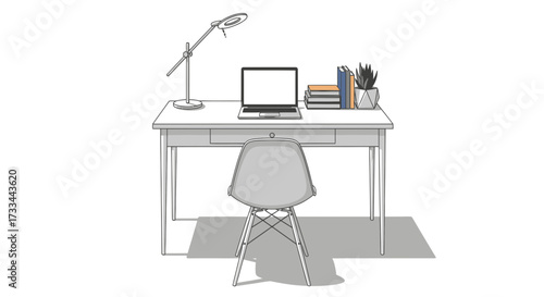Illustration of a desk with a laptop, lamp, books, and chair.
