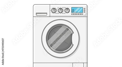 A front view illustration of a modern white washing machine with a circular glass door and a digital display panel.