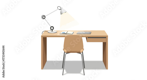 A minimalist home office setup featuring a wooden desk, a beige chair, and a modern desk lamp illuminating a notebook and keyboard.