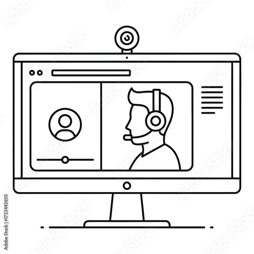 Vector art of online video conference call with headset user on computer screen