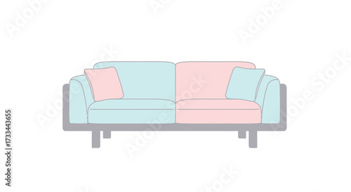 Illustration of a two-seater sofa with a light blue and pink color scheme, featuring two pillows.