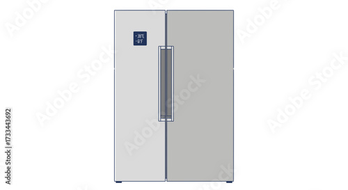 A modern, silver side-by-side refrigerator with a digital display and a long vertical handle, isolated on a white background.