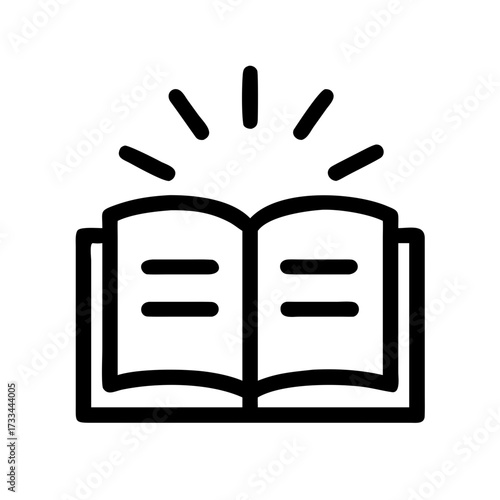 A black outline icon of an open book with radiant light (sun) above it. Perfect for websites or blogs about education, knowledge, learning, or inspiration.

