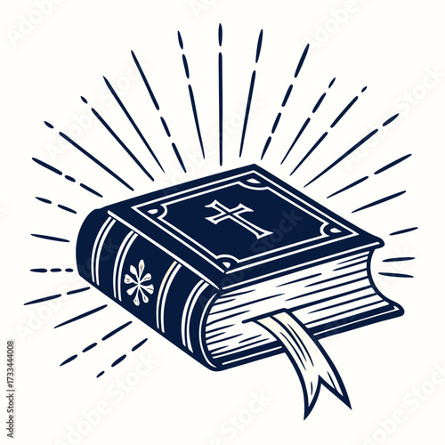 This vintage, woodcut-style icon of a glowing Bible is perfect for websites and blogs for religious organizations, spiritual content, faith-based topics, and education.

