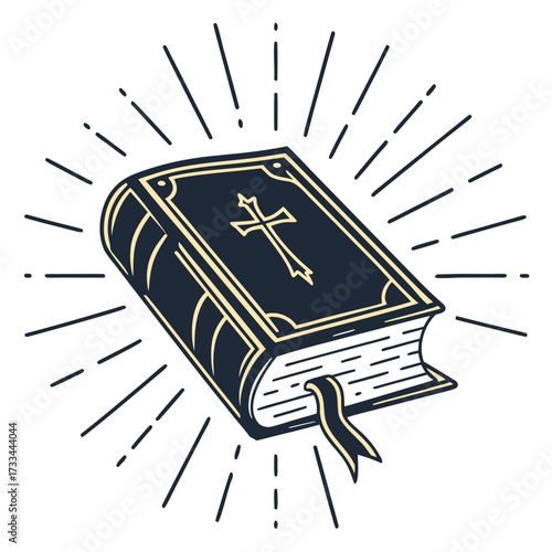 This vintage, woodcut-style icon of a glowing Bible is perfect for websites and blogs for religious organizations, spiritual content, faith-based topics, and education.


