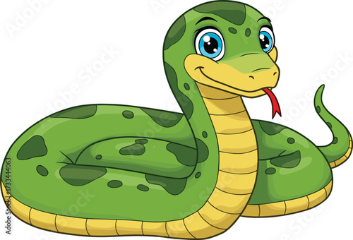 Cartoon green snake with blue eyes, reptile illustration, jungle animal, wildlife drawing, cute serpent character, nature, zoo, exotic pet design