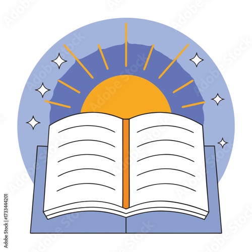 vibrant illustration of an open book with a rising sun and stars, symbolizing enlightenment, knowledge, and new beginnings. Ideal for educational blogs, spiritual content, or inspiring designs