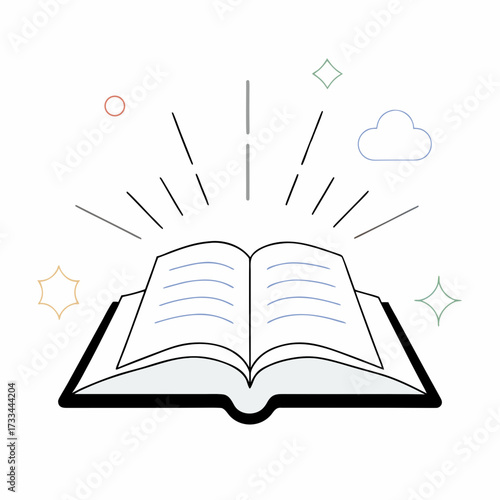 An open book icon with radiating lines and decorative elements, symbolizing knowledge and imagination. Ideal for blogs on education, reading, or storytelling.