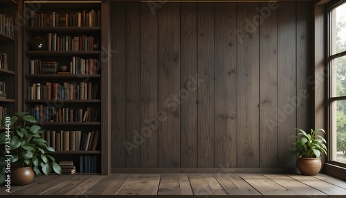 Cozy Virtual Background with Wooden Bookshelf, Old Books, Greenery, and Warm Lighting