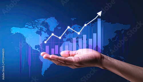 Digitally rendered hand holding up a growing chart over a world map