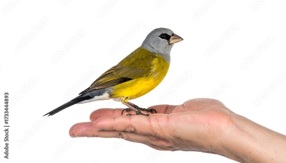 Obraz premium A small bird perched on a human hand against a white background